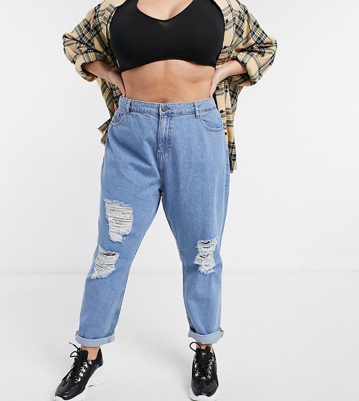 Noisy May Curve Distressed Mom Jeans In Mid Blue Wash-blues
