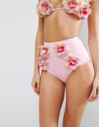 Asos Premium 3d Flower High Waist Bikini Bottom - Pink