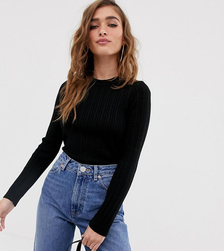Asos Design Petite Ribbed Sweater In Fine Knit-black