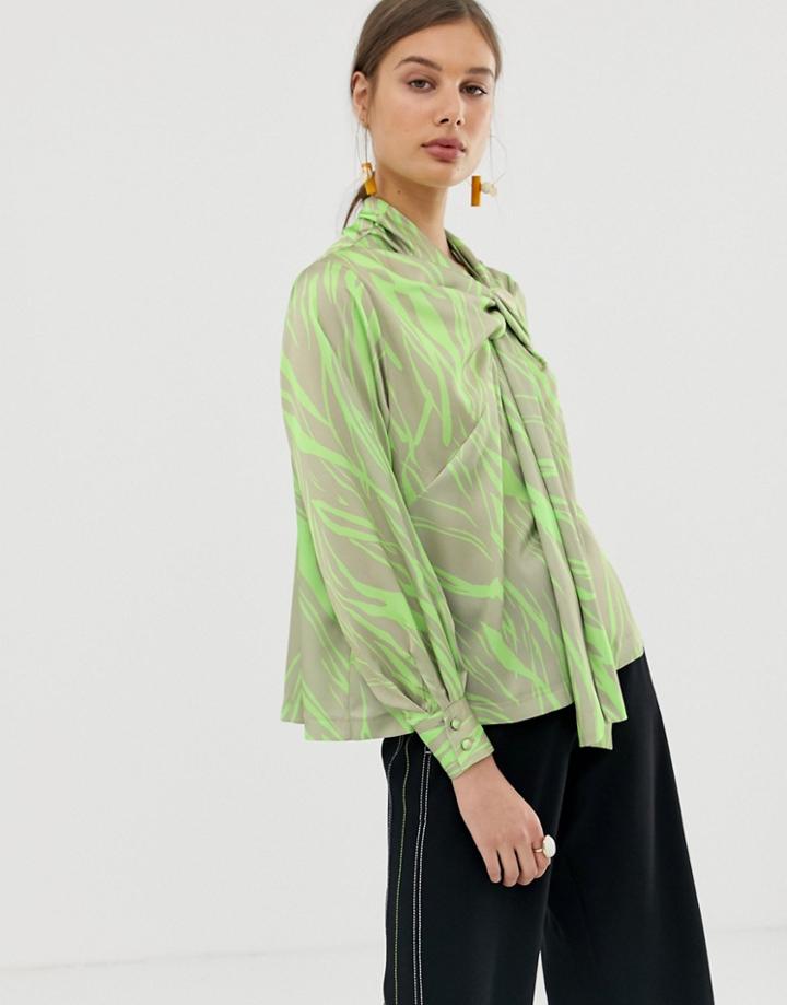 Asos White Printed Tie Neck Top - Multi