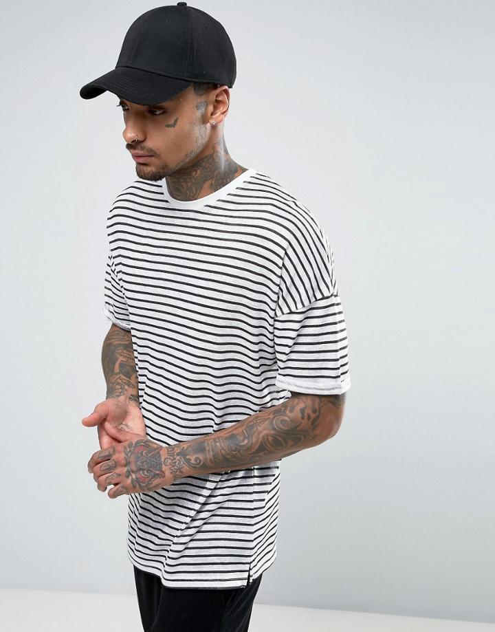 Asos Linen Look Longline Stripe T-shirt With Roll Sleeve - White