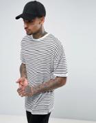 Asos Linen Look Longline Stripe T-shirt With Roll Sleeve - White