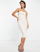 Asos Design Bandeau Linen Slub Mixed Ruched Body-conscious Midi Dress In Stone-neutral