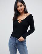 Asos Design V Neck Sweater With Ring Detail - Black