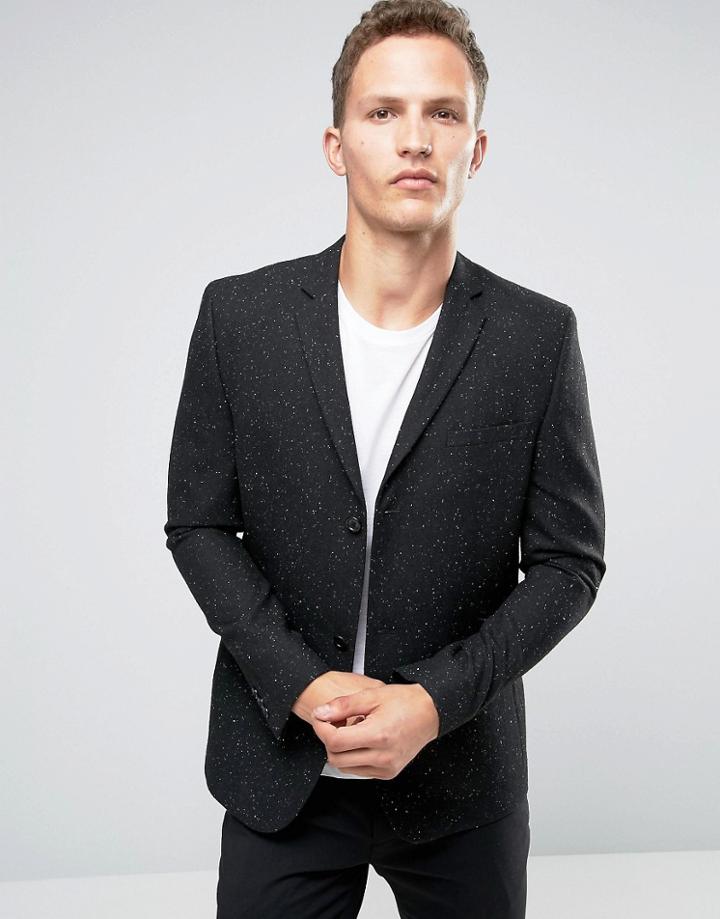 Asos Skinny Blazer In Black Neppy Fabric - Black