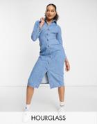Asos Design Hourglass Denim Fitted Seamed Midi Dress In Midwash-blues