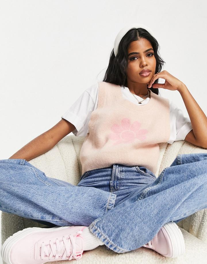 Monki Knitted Tank Top With Flower Print In Pink