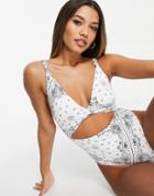 Asos Design Knot Front Swimsuit In White Bandana Print-multi