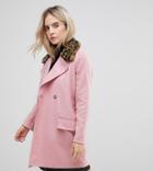 Asos Petite Coat With Leopard Print Collar - Pink