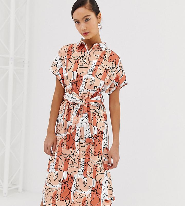 Monki Abstract Face Tie Waist Midi Shirt Dress In Camo Pink - Multi
