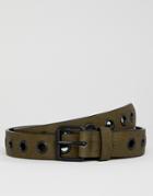 Asos Design Faux Leather Slim Belt In Khaki With Eyelets - Green