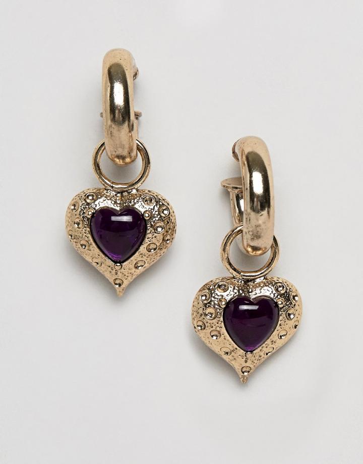 Sacred Hawk Retro Earrings With Embossed Hearts - Gold