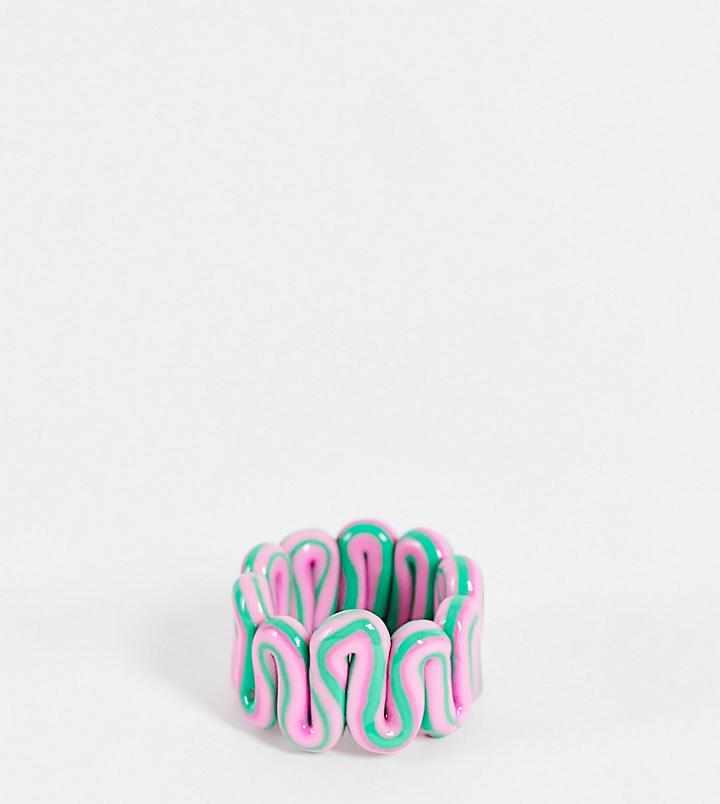 Asos Design Curve Ring In Plastic Chubby Swiggle Design In Green And Pink Marble-multi