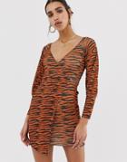 Prettylittlething Wrap Mini Dress In Tiger Print - Multi