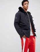 Criminal Damage Parka Jacket In Black With Faux Fur Hood - Black