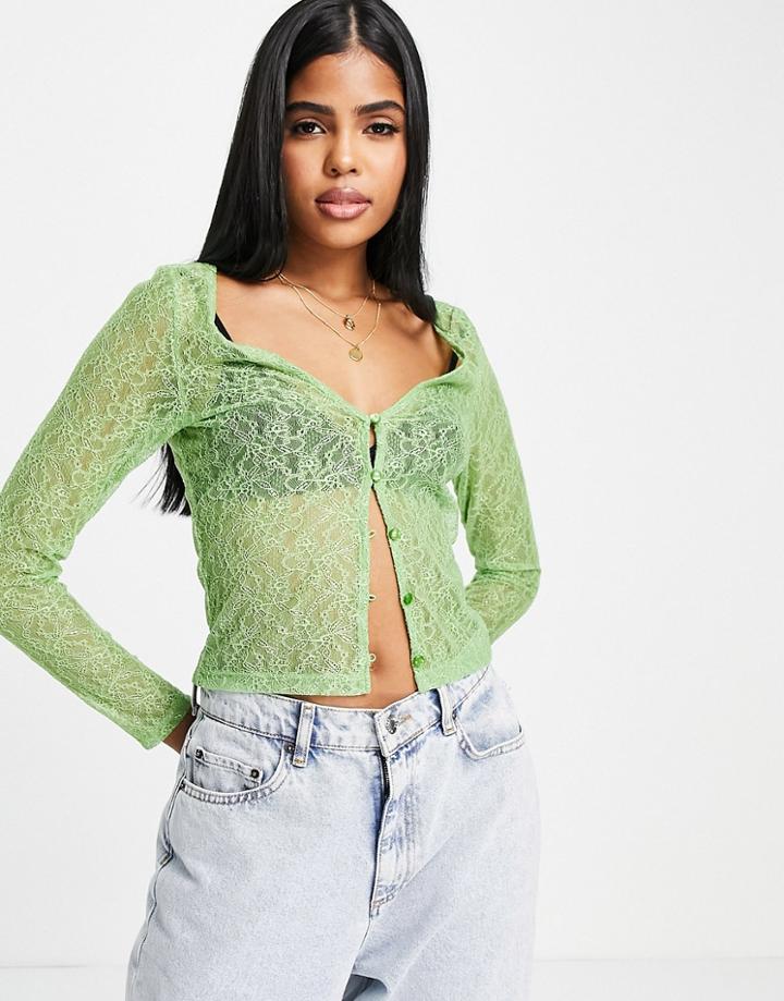 Monki Sheer Lace Cardigan Top In Green