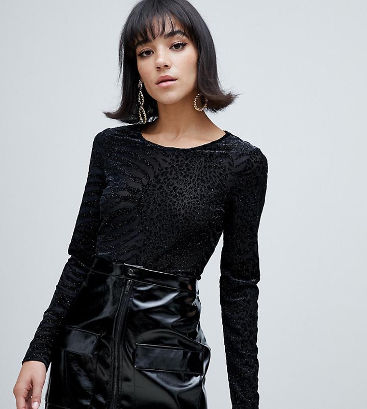 River Island Long Sleeve Burnout Top In Black - Black