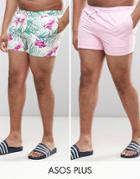 Asos Plus Swim Shorts 2 Pack In Pink And Floral Print In Short Length Save - Multi