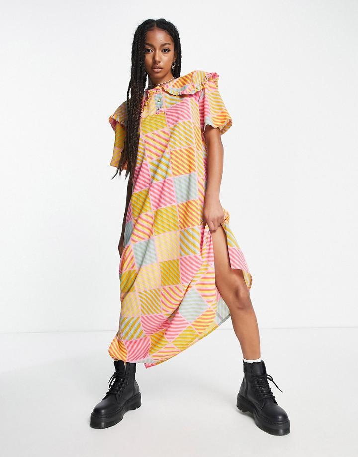 Native Youth Maxi Dress With Pleated Collar In Textured Check-multi