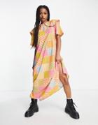 Native Youth Maxi Dress With Pleated Collar In Textured Check-multi