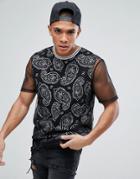 Asos Longline T-shirt With All Over Paisley Print And Mesh Layer - Black