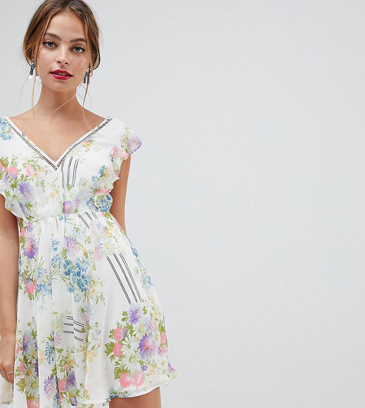 Asos Design Petite Ruffle Mini Dress With Open Back In Floral Print - Multi