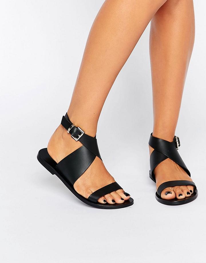 Sol Sana Kennedy Cross Strap Leather Flat Sandals - Black