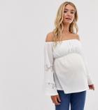 Asos Design Maternity Bardot Top In Crinkle With Wide Lace Insert Sleeves-white