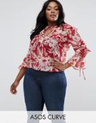 Asos Curve Floaty Blouse In Red Floral Print - Multi