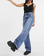 Bershka Ripped 90's Jean In Medium Blue Wash-blues