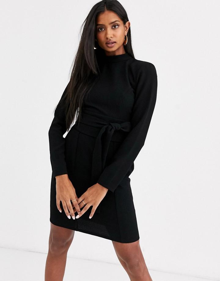 Asos Design Long Sleeve Mini Dress With Obi Belt-black