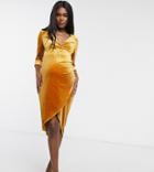 Jaded Rose Maternity Exclusive Velvet Wrap Midi Dress In Mustard-yellow