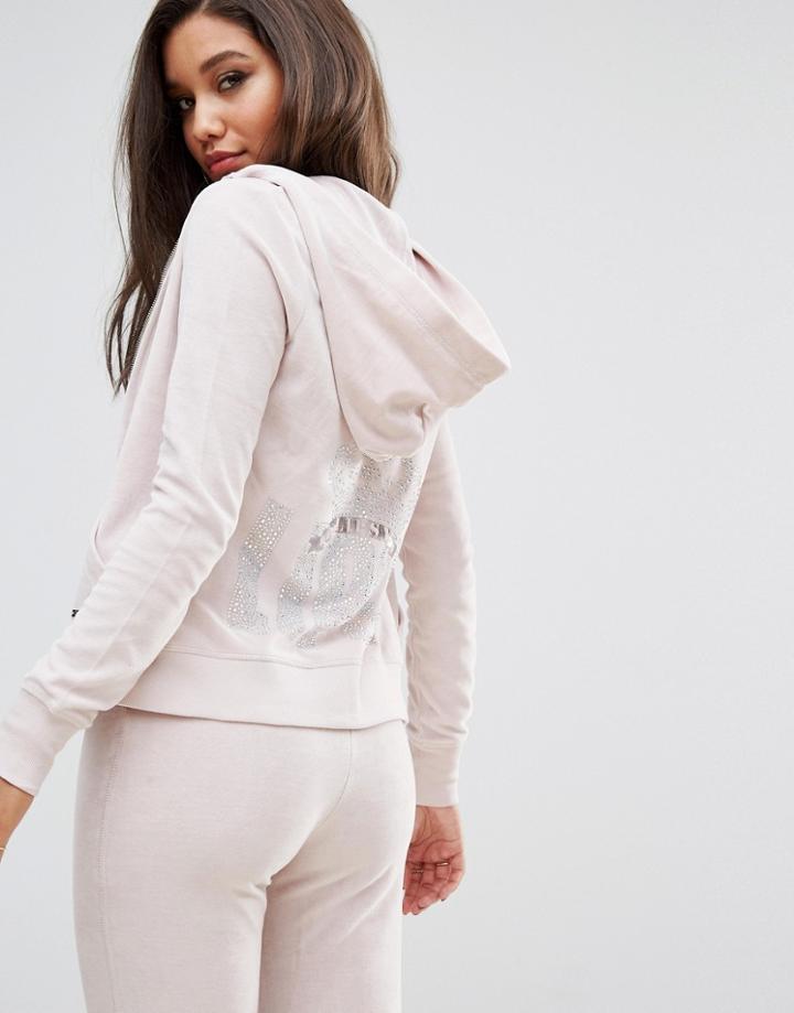 Lipsy Velour Hoodie With Rhinestone Logo Crown Back - Gray