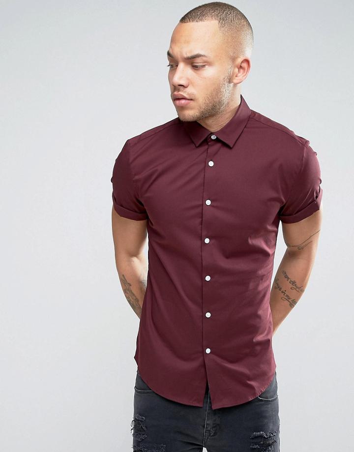 Asos Stretch Slim Shirt In Burgundy - Red