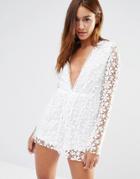 Missguided Plunge Neck Lace Romper - White