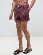 Asos Swim Shorts In Burgundy Stripe In Short Length - Red