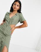 Asos Design Button Up Cut Out Side Midi Dress In Khaki-green