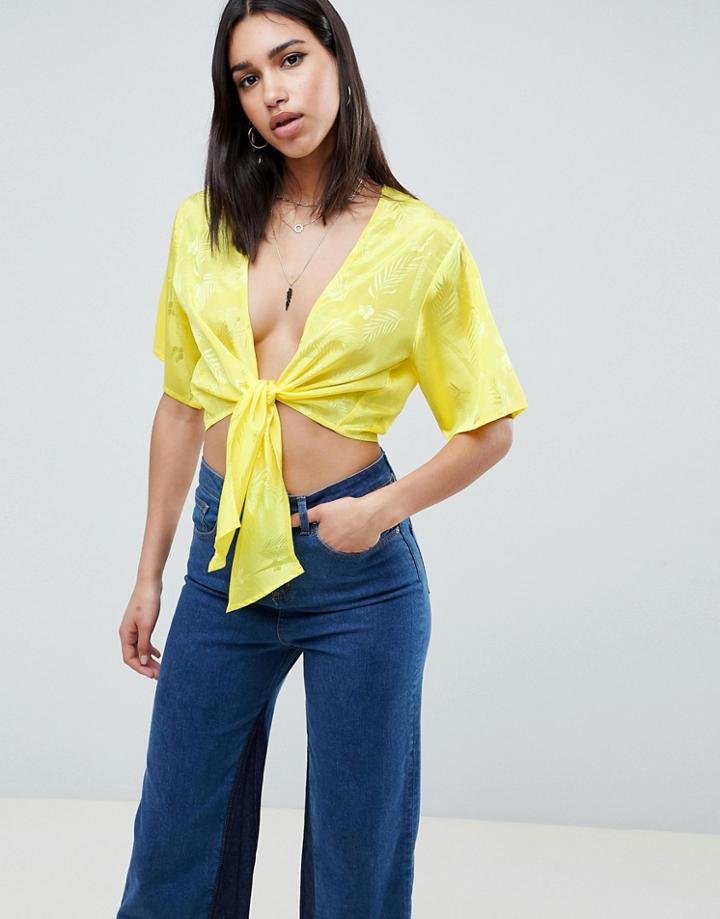 Asos Design Tie Front Top In Jacquard - Yellow
