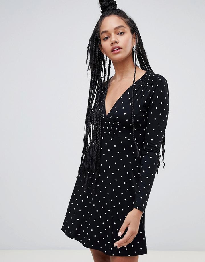Miss Selfridge Skater Dress With Ruched Detail In Polka Dot - Black