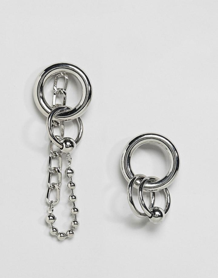 Monki Hoop And Chain Earrings - Silver