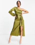 Naanaa One Shoulder Satin Midi Dress In Green