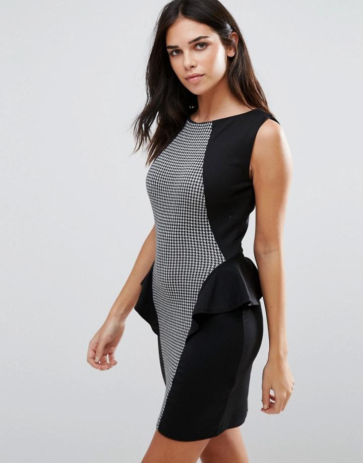 Jasmine Dog Tooth Print Peplum Dress - Black