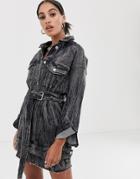 Signature 8 Acid Wash Belted Denim Jacket - Black