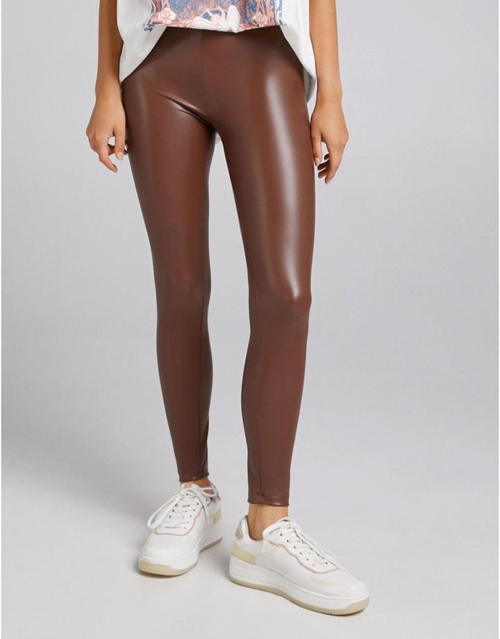 Bershka Faux Leather Legging In Brown