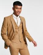 Asos Design Super Skinny Linen Mix Suit Jacket In Tobacco-brown