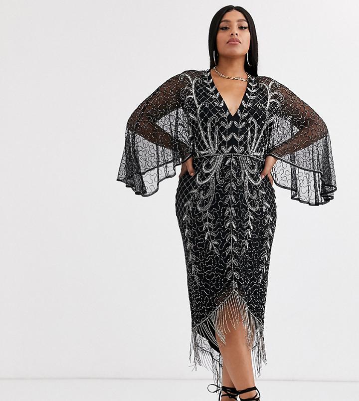 Asos Design Curve Kimono Midi Dress With Delicate Beaded Embellishment-black