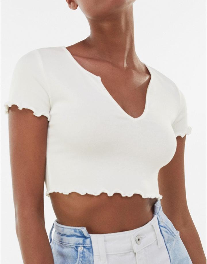 Bershka Notch Front Crop Tee With Lettuce Edge In White