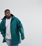 Asos Plus Shower Resistant Rain Coat With Fleece Lined Hood In Bottle Green - Green