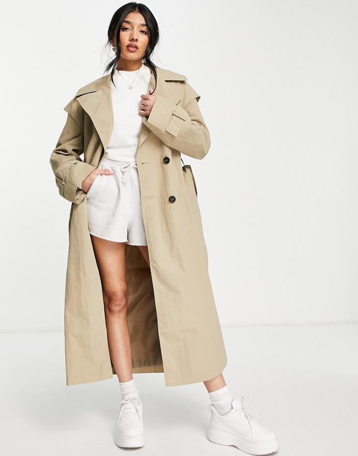 Asos Design Lip Sleeved Trench In Stone-brown