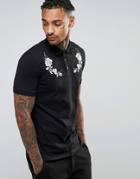 Asos Polo Shirt In Black With White Rose Yoke Embroidery - Black